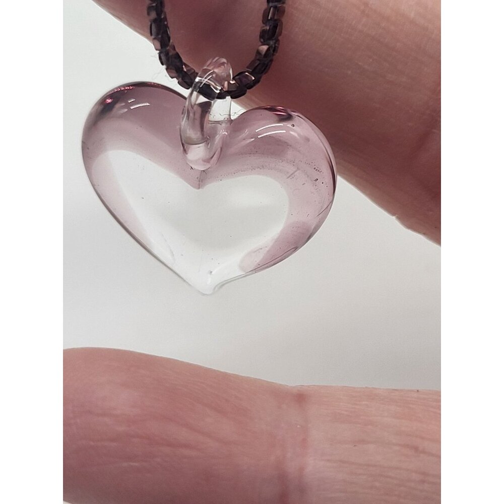 Yummi Heart Pendant Necklace VTG Art Glass Pink Sterling Silver Toggle Clasp 16" - Picture 3 of 10